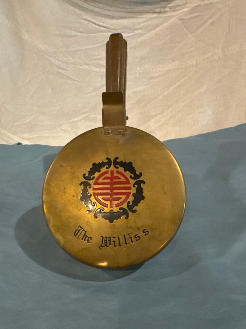 Vintage Brass Silent Butler Crumb Catcher Asian Longevity Shou Symbol Engraved
